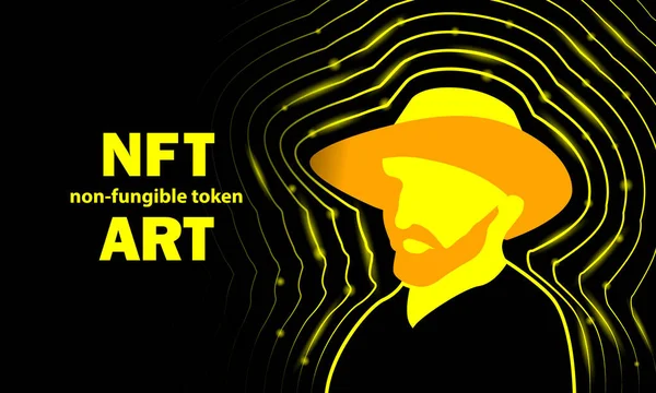 Banner de arte NFT con Vincent Van Gogh en un sombrero de paja. Arte digital abstracto de neón con silueta de contorno autorretrato Vincent Van Gogh — Vector de stock