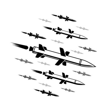 Uçuş füzeleri. Toplu füze saldırı vektörü siyah askeri illüstrasyon.