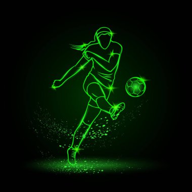 Kadın futbolcu, ön manzara. Futbolcu karanlıkta topa vuruyor. Vektör Futbol sporu yeşil neon illüstrasyon.