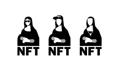 Mona Lisa ile NFT sanat koleksiyonu. Mona Lisa silueti ile siyah beyaz NFT karakteri.