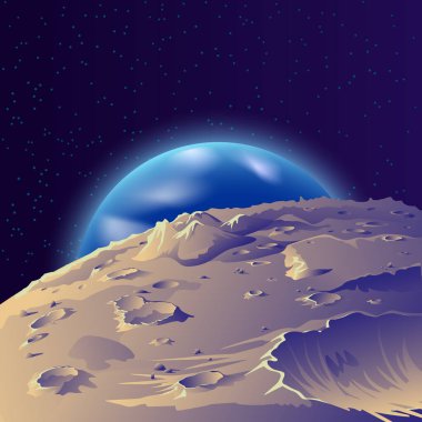 Earth view from the satellite surface. Vector space landscape on the moon.