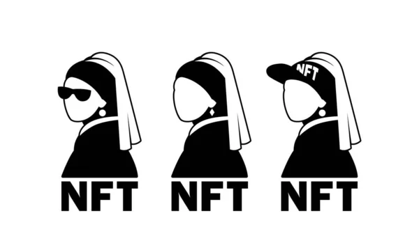 Nft Art Collection Girl Pearl Earring Black White Nft Character —  Vetores de Stock