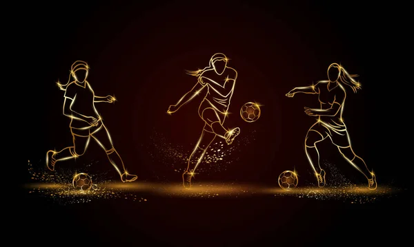 Women Football Players Set Golden Linear Soccer Player Illustration Sports lizenzfreie Stockillustrationen
