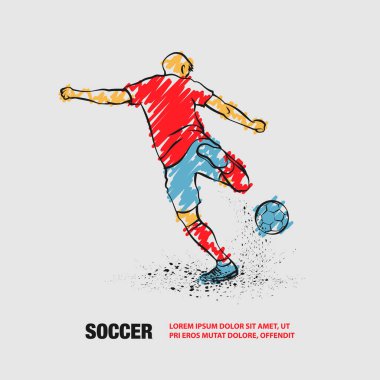 Soccer striker, back view. Vector outline of soccer player with scribble doodles style drawing.