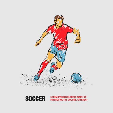 Soccer player dribbling with the ball. Vector outline of soccer player with scribble doodles style drawing.