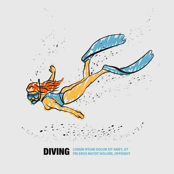 Diver Girl Linear Silhouette Underwater Space Vector Outline Diving Illustration — Stockový vektor