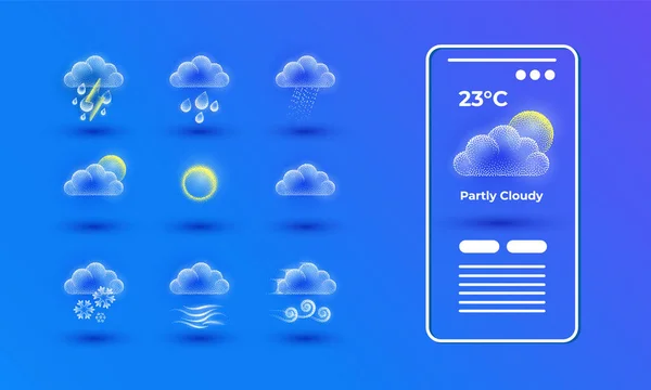 Интерфейс Приложения Шаблона Информацией Погоде Набором Опций Облаками Дождями Молниями — стоковый вектор
