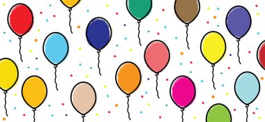 Çizgi film, komik balon parti afişi. Pembe, mavi, yeşil, kırmızı, turuncu ve sarı balonlar. Tebrik kartı. Düz vektör şenlikli dekorasyon için pürüzsüz arkaplanı kutlar.
