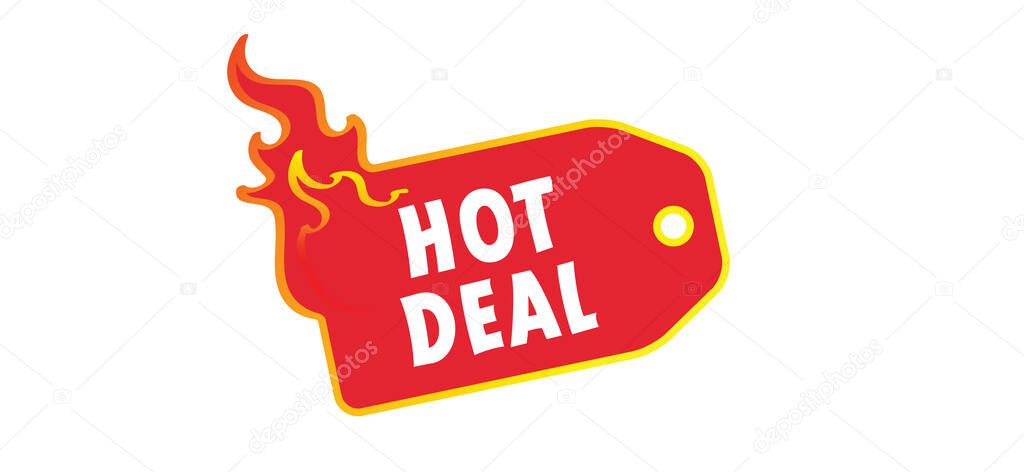 Slogan hot deal ! Cartoon, burning fire or flame pictogram. Flat vector deals logo, Hot sale, price offer deal banner with fire sign. Special tag or badge, business or discount promotion. Fire labels set.
