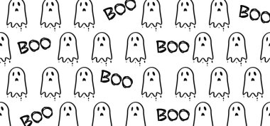 Cadılar Bayramı partinin hayaleti. Düz vektör hayaletler işaret eder. Komik çizgi film korkunç, kusursuz desen. Zombi, Hayalet Festivali 31 Ekim.