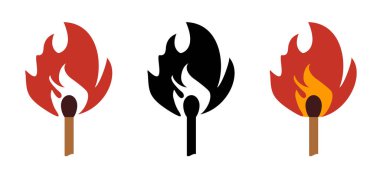 Kibrit çöpü, Lucifer işareti. Sigara, yangın ya da alev logosu. Kibrit yakma simgesi. Piktograma uyuyor. Yanmış simgeyi eşleştir. Komik düz vektör karikatürü. Kırmızı, turuncu alevler