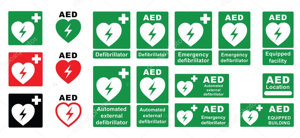 Emergency first aid defibrillator logo sign. White heart icon and white cross icon on a green background. Flat vector symbol location automated external. Medical signs Red automated external defibrillator.
