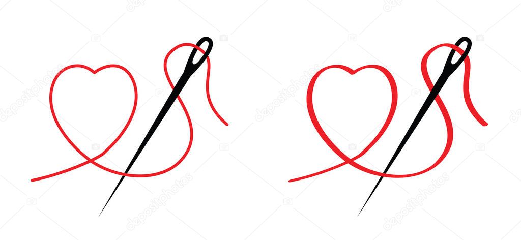 Cartoon needle with thread and slaogan love. Needle pictogram. Flat black wire vector icon. For sewing clothes. Needle eye symbol. Needlework silhouette line pattern logo.