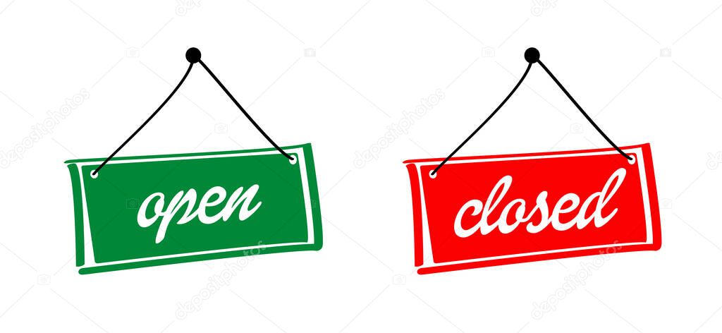 Caricatura, cómic, letrero de tablero abierto y cerrado. Etiqueta o ...