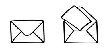 Boş kağıt zarflar. Posta kutusu ya da posta tabelası. Gelen kutusu, posta simgesi. Vektör kartpostal, zarf sembolü. Karikatür mektupları açık. İleti açıldı