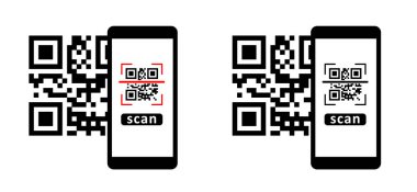 Beni tara, QR kod tarama simgesi. Cep telefonu qr kod ödemesi, E cüzdanı, nakitsiz, bilgi konsepti veya tanımlı bilgi kimlik ürünleri etiketli tarayıcı. Düz vektör pikseli resim işareti.