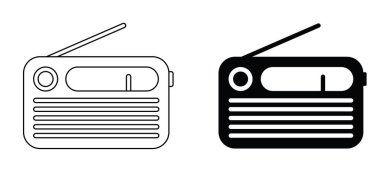 Anten silueti olan çizgi film taşınabilir radyo ikonu. Dünya Radyosu Günü için vektör resim ya da logo. Radyo istasyonunu dinle. Podcast veya canlı yayın FM müzik konsepti. 