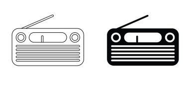 Anten silueti olan çizgi film taşınabilir radyo ikonu. Dünya Radyosu Günü için vektör resim ya da logo. Radyo istasyonunu dinle. Podcast veya canlı yayın FM müzik konsepti. 