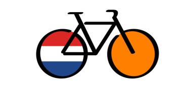 Hollanda bayrağı taşıyan çizgi film sporcusu bir bisikletçi. Bisiklet ikonu. Komik vektör Dutch bisiklet işaretleri. Turuncu spor sembolü. Tırman, komik bisiklet logosu ya da piktogram. Çizgi deseni.