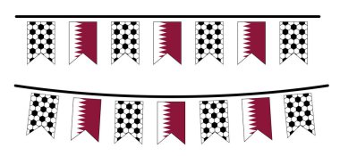 Katar bayrağı taşıyan parlak parti bayrağı. Futbol ağı deseni. Futbol topu parti bayrağı. Komik vektör spor ikonu. Dünya spor finali ya da okul kupası.