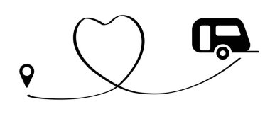 Tatil güzergahı, nokta konum tatil sembolü. Karavan, broşlu kamp rotası. Hat düzeni. Kalp işaretli vektör aşkı