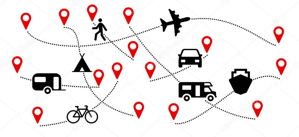 Holiday destination, camping route with start point GPS. Camper, tent, plane, ship, bike, car and walking person. Vacation, summer concept. Vector line pat, pin location sign. 