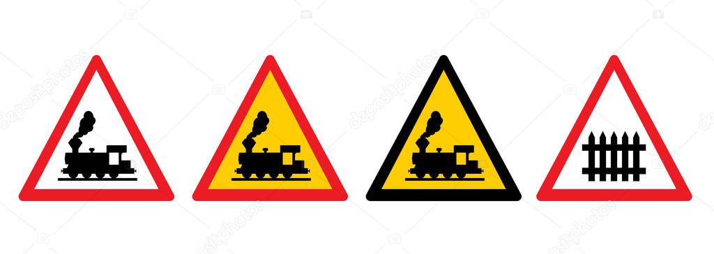 Stop, no ban, train crossing or Railroad crossover signal. Allowed, warning sign or signboard. Railroad barrier element. Cartoon old train barriers, close icon. Flat vector railway pictogram. 