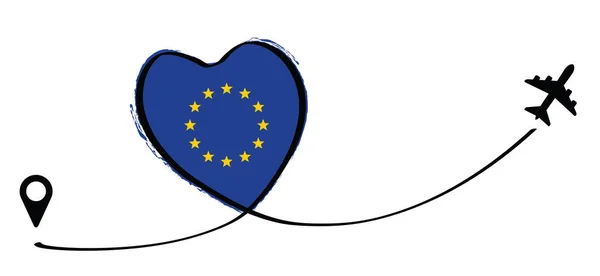 Europe Drapeau Love Romantic Voyage Avion Ligne Trajectoire Avion Itinéraire — Image vectorielle