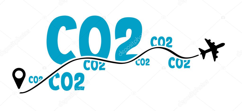 Carbon dioxide emissions. Airplane destination co2 air pollution. Flat vector plane sign. CO2 smog warning.