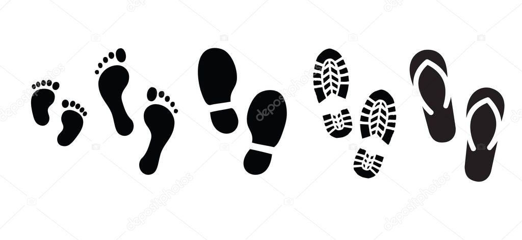 Human Walking people footprints, baby feet, bare feet, shoes, slipper and shoe sole signs. Vector foot step silhouette print icons. Kids feets steps footprint for walk person, man or woman. 
