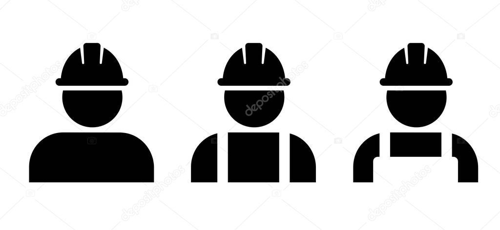 Construction worker in protective clothing and helmet. Person profile with safety helmet. Flat vector sign. Pictogram logo icon. Safety vest and equipment.