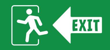 Ok çıkış yolu. İmza atarsın ya da girersin. Acil çıkış işareti. Tahliye yangın çıkışı kapısı. Düz vektör yeşil simge veya pictogram. Yangına karşı dayanıklılığın sembolü