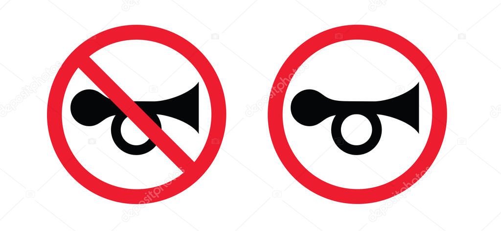 Stop, halt allowed no horn sign. Don't honk, no sound signal icon. The keep quiet zone icon. No sound symbol. Vector honking area symbol. Forbidden, prohibition warning. Traffic, claxon board