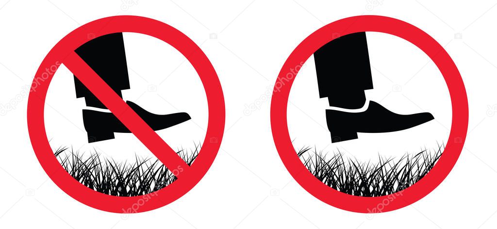Keep off the grass or please stay off the grass sign. Vector green lawns signs. Do not enter or entry No walking, stepping symbol Do not steps. 