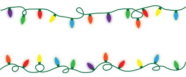 İp ışıkları. Parti ışıkları. Işık efektleri. Parlayan ampuller. Xmas için eğlenceli bir kutlama, neşeli, mutlu yıllar, doğum günü, doğum günü. Vektör kırmızı yeşil mor mor turuncu altın. Çelenk