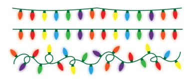 İp ışıkları. Parti ışıkları. Işık efektleri. Parlayan ampuller. Xmas için eğlenceli bir kutlama, neşeli, mutlu yıllar, doğum günü, doğum günü. Vektör kırmızı yeşil mor mor turuncu altın. Çelenk