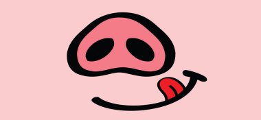 Dili ve dudakları olan tatlı bir gülümseme. Pastırma günü için domuz suratlı ve burunlu. Domuz resmi, çiftlik hayvanları silueti sembolü, piktogram. Domuz vektörü fikri. Yaban Domuzu simgesi ya da işareti