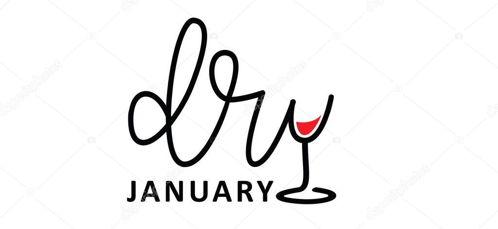 No alcohol during in janyari. Slogan dry january. Alcohol free month. Stop drinking or alcohols. Vector wine glass icon. Line pattern.