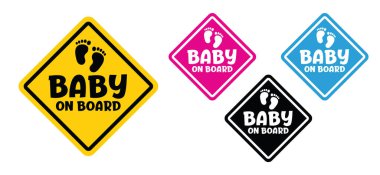 Slogan baby on board. Wife or mother is pregnant. Flat vector baby quote. Baby on the way, expecting. Baby feet. The sticker on the back window of the car.