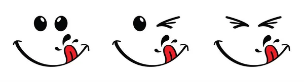 Yummy Smile Face Red Tongue Lick Saliva Vector Laugh Cartoon — Vettoriale Stock