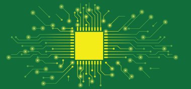 Devre kartı ya da elektronik ana kart. Çizgiler ve noktalar birleşiyor. Yüksek teknolojili vektör verileri. İletişim ve mühendislik konsepti. Dijital teknoloji geçmişi. Şirket mühendisliği tasarımı. Yeşil, sarı