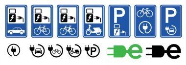Şarj noktası, kablo bataryası ve bisiklet istasyonu. Elektrikli motorlu scooter logosu için. Eğlenceli vektör bisiklet simgesi ya da işaret. Motosiklet alanı sembolü için park etmek ya da fişi çekmek