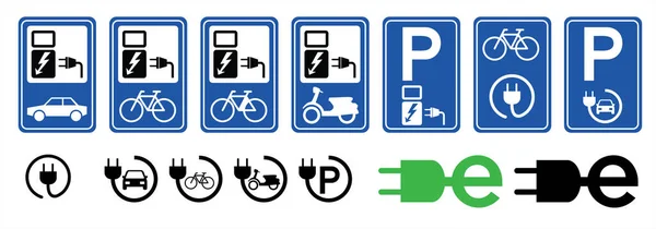 Şarj noktası, kablo bataryası ve bisiklet istasyonu. Elektrikli motorlu scooter logosu için. Eğlenceli vektör bisiklet simgesi ya da işaret. Motosiklet alanı sembolü için park etmek ya da fişi çekmek