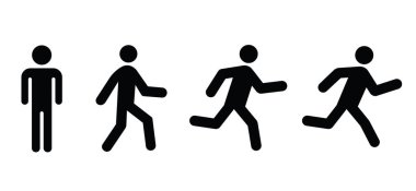 Siluet stickman simgesi ya da pictogram. Yürümek, kalmak, koşmak, atlamak, kalmak, yürümek, koşmak ya da zıplamak. Vektot adam çöp adam figürü