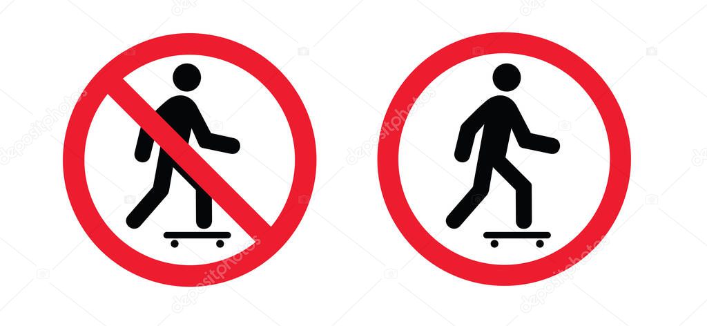 No skateboarding. Stop do not skateboard zone pictogram. Forbidden for Skateboards icon. Forbid depicting banned activities. Stop halt allowed, no ban signboard. Flat vector no skater sign.