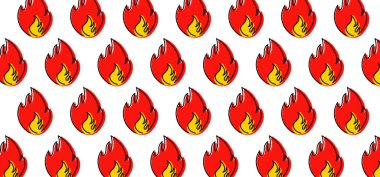 Çizgi film, kırmızı, sarı, turuncu ateş ya da alev resimli resim. Ateş tek bir darbede ya da çizgi şeklinde çekiliyor. Komik düz vektör alevleri ikonu. Çekim ateşi, şenlik ateşi, kamp ateşi afişi. Alev logosu. Yanık işareti.