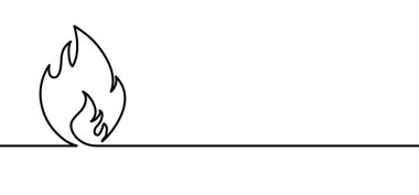 Çizgi film, yangın ya da alev resimli resim. Ateş tek bir darbede ya da çizgi şeklinde çekiliyor. Komik düz vektör alevleri ikonu. Çekim ateşi, şenlik ateşi, kamp ateşi afişi. Alev dövmeli kabile logosu. Yanık işareti.