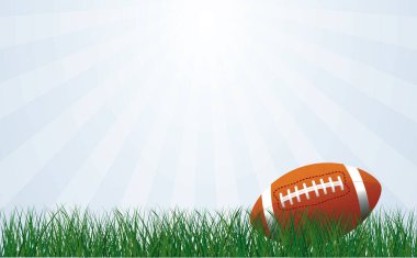 Amerikan futbolu yeşil çimlerde. Spor takımı kupası. Ragbi topu günü. Eğlenceli bir hafta sonu partisi. ABD, spor finali, okul oyunları ya da sokak oyunları. Vektör şablon arkaplan işareti. 