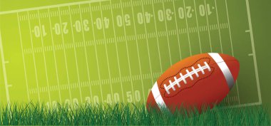 Amerikan futbolu yeşil çimlerde. Spor takımı kupası. Ragbi topu günü. Eğlenceli bir hafta sonu partisi. ABD, spor finali, okul oyunları ya da sokak oyunları. Vektör şablon arkaplan işareti. 