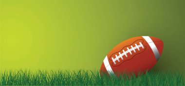 Amerikan futbolu yeşil çimlerde. Spor takımı kupası. Ragbi topu günü. Eğlenceli bir hafta sonu partisi. ABD, spor finali, okul oyunları ya da sokak oyunları. Vektör şablon arkaplan işareti. 